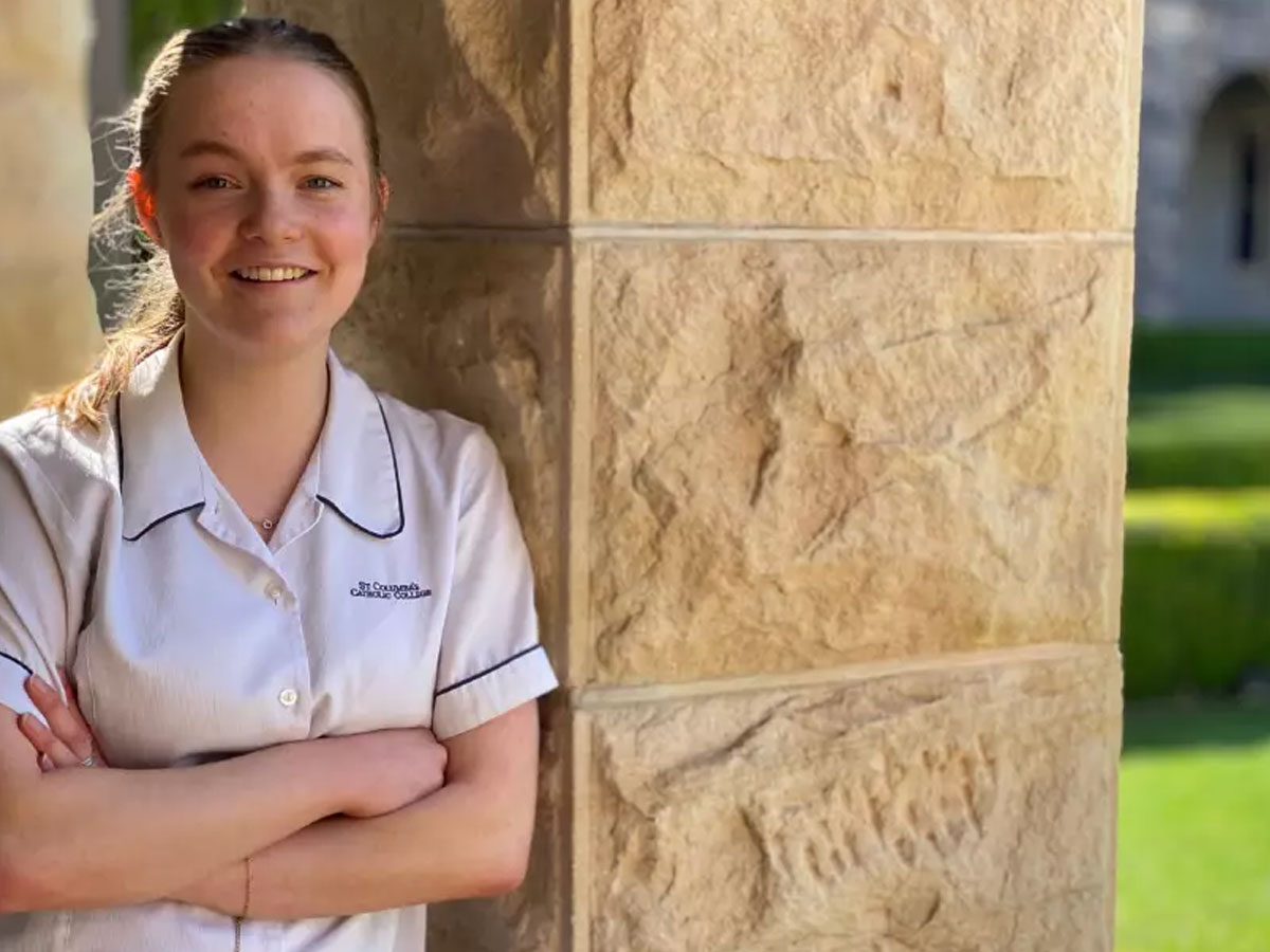 Georgia Hammond standing out the front of the St Columba's Catholic College Springwood grounds