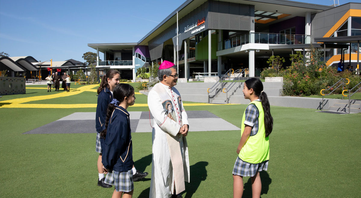 Bishop Vincent speaking to St Francis students